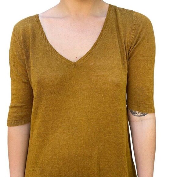 Eileen Fisher Womens Mustard Yellow Knit Linen Silk V neck Mini Dress Sz M - Picture 3 of 6